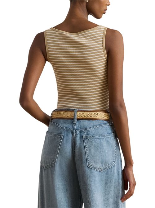 canotta donna rigata bianco e cammello Ralph Lauren | 200P09099001